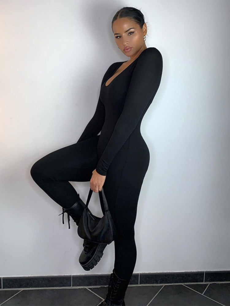 Long Sleeve Slash Neck Skinny Solid Stretchy Bodycon Jumpsuits Autumn Winter Women Fashion Streetwear Outfits Romp