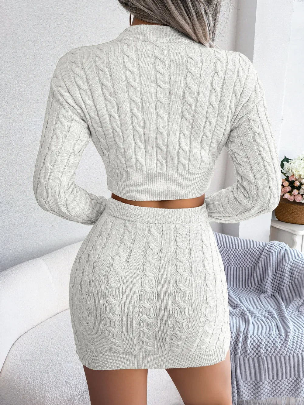 Womens Winter Twist Crop Sweater Hip Skirt Knit Suits For Laides Solid Color Slim All Match Two Piece Set