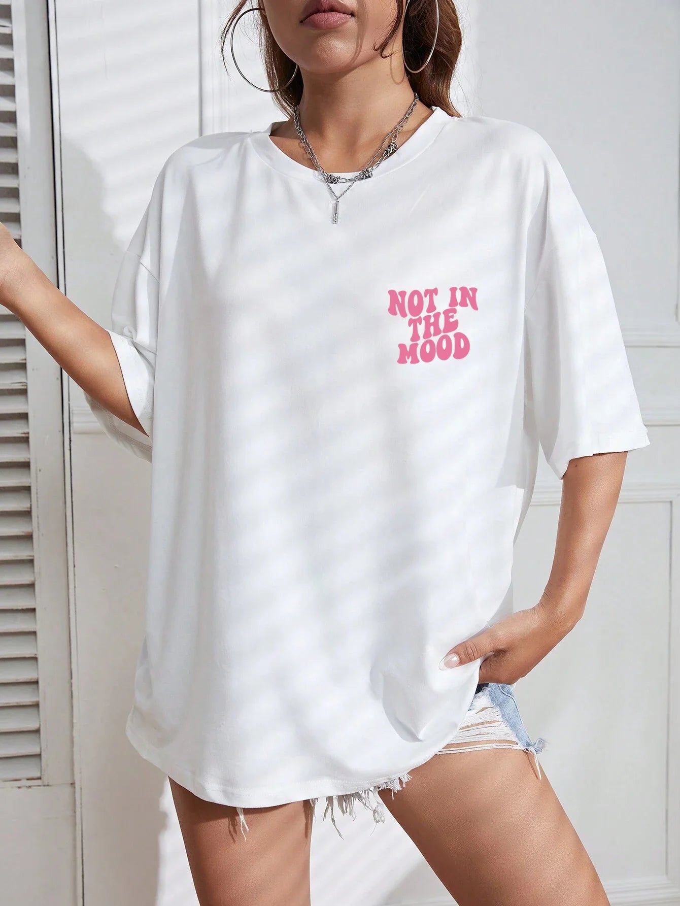 Not In The Mood Pink Letter Print T-Shirts Women Summer Cotton Clothing O-Neck Oversized Short Sleeve Breathable Casual Tshirt