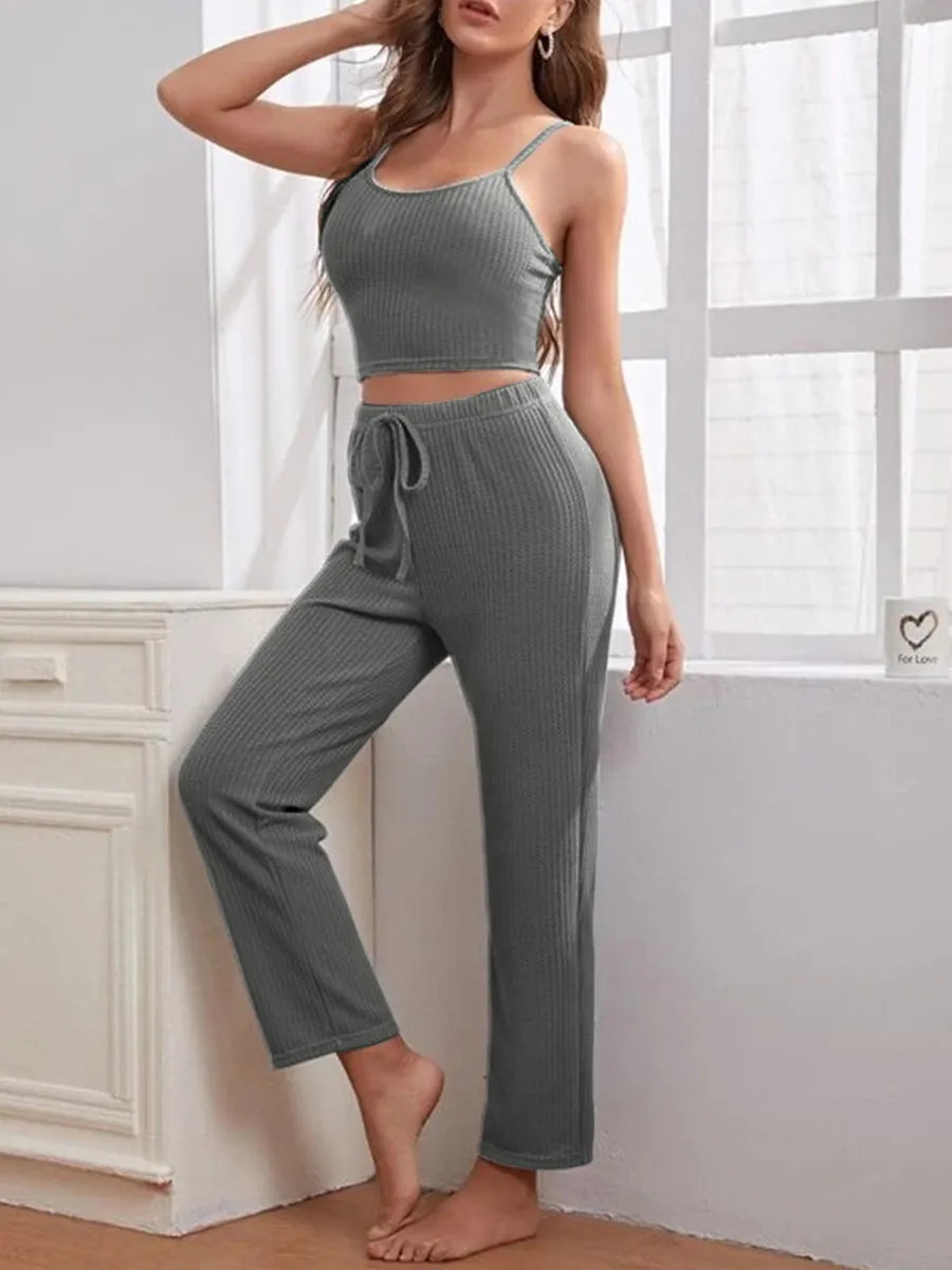 Women´s 3 Piece Lounge Set Pajama Set Cami Crop Top Pants Cardigan Loungewear Sleepwear