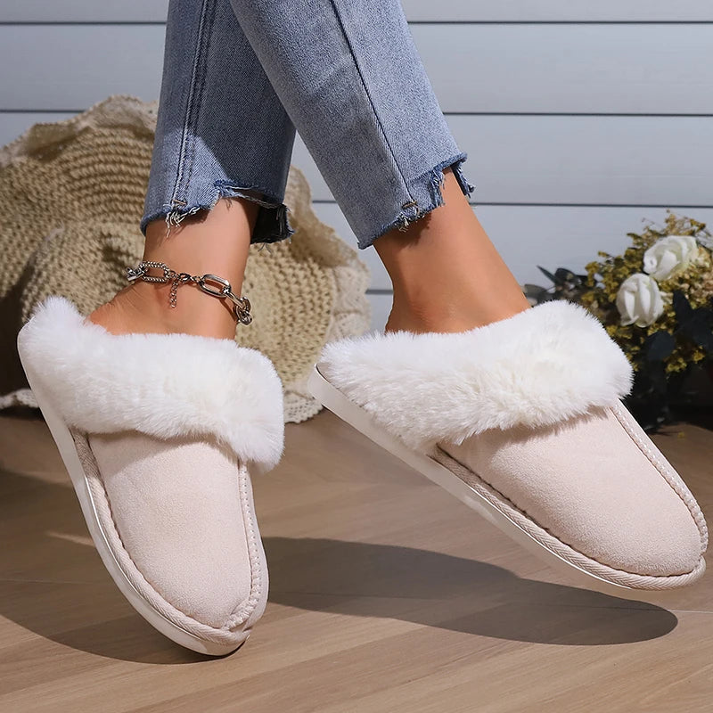 Winter Warm Fur Indoor Home Slippers Women Faux Suede Closed Toe Couple Slippers