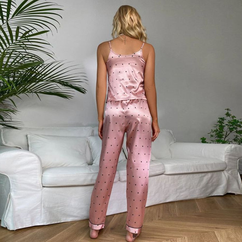 Women Pajamas Set Floral Printed Sleeveless Tops With Long Pants Pyjama Suit Satin Silk Casual Sleepwear Nightwear