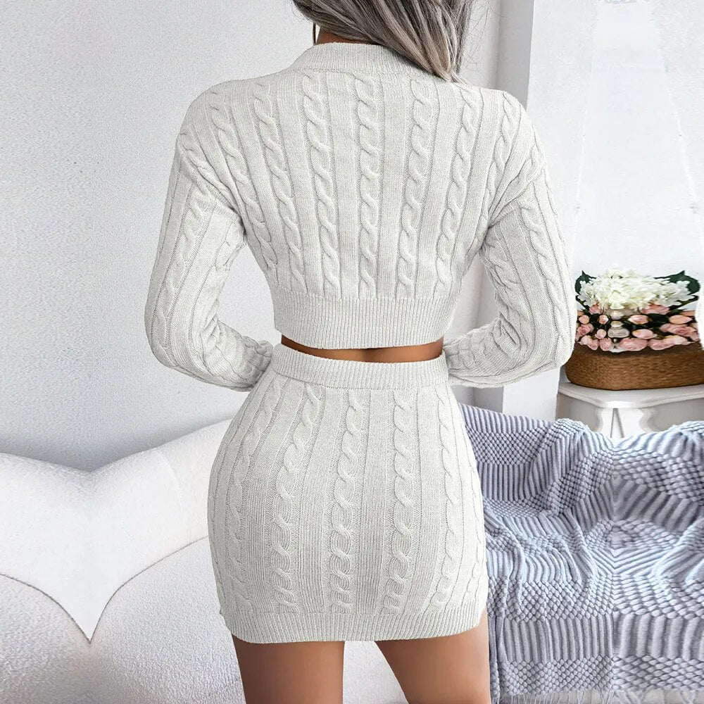 Womens Winter Twist Crop Sweater Hip Skirt Knit Suits For Laides Solid Color Slim All Match Two Piece Set