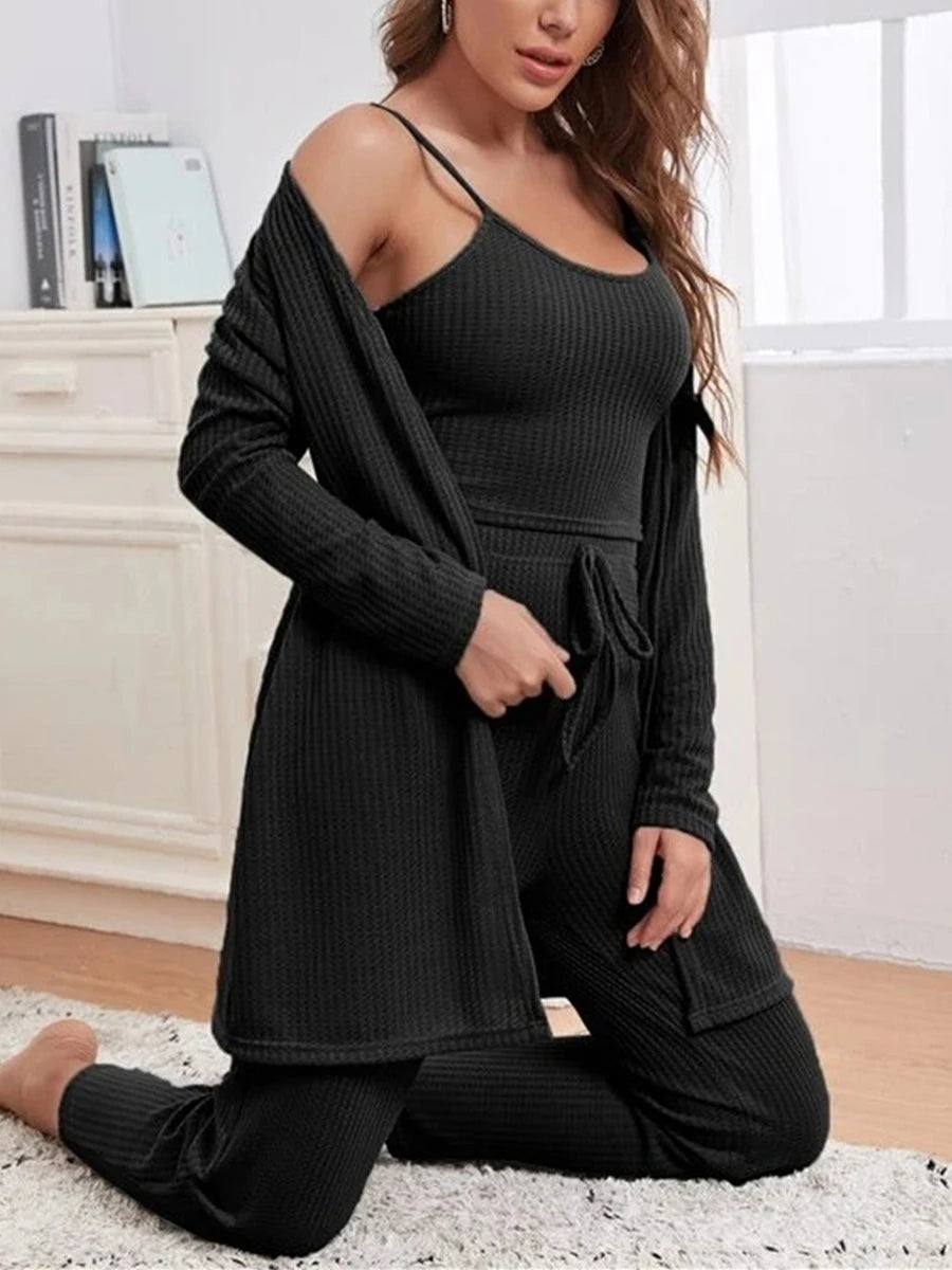 Women´s 3 Piece Lounge Set Pajama Set Cami Crop Top Pants Cardigan Loungewear Sleepwear