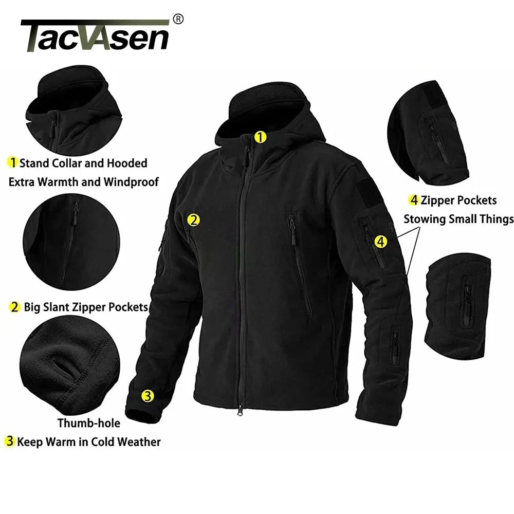 TACVASEN Tactical Fleece Jackets Mens Army Military Police Work Jackets Hooded Safari Coats Outdoor Warm Work Jacket Windbreaker