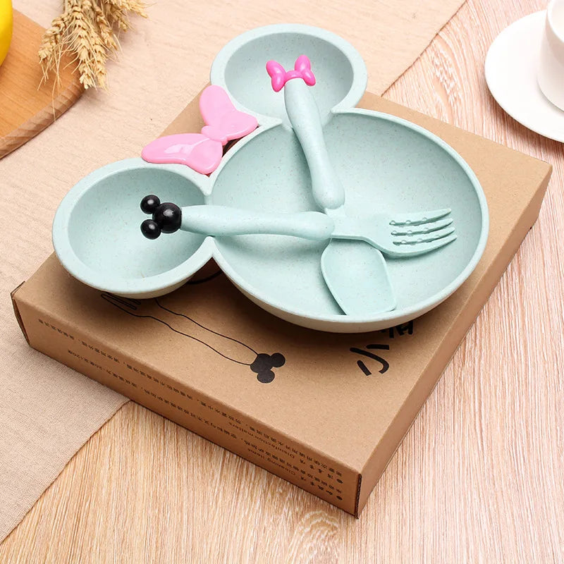 cartoon tableware wheat straw children's dinnerware set plate bowl spoon fork biodegradable environment friendly tableware