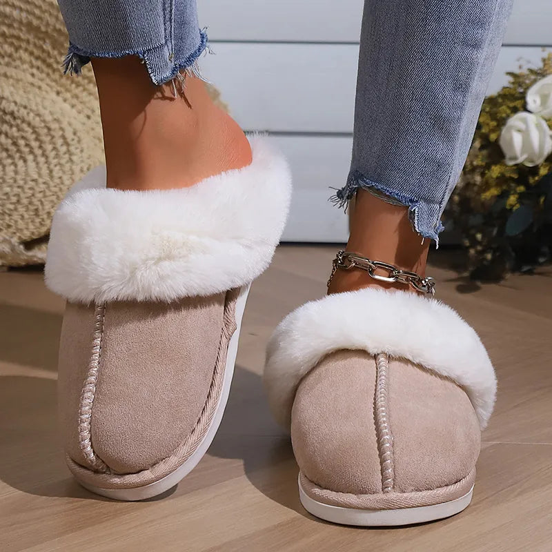 Winter Warm Fur Indoor Home Slippers Women Faux Suede Closed Toe Couple Slippers