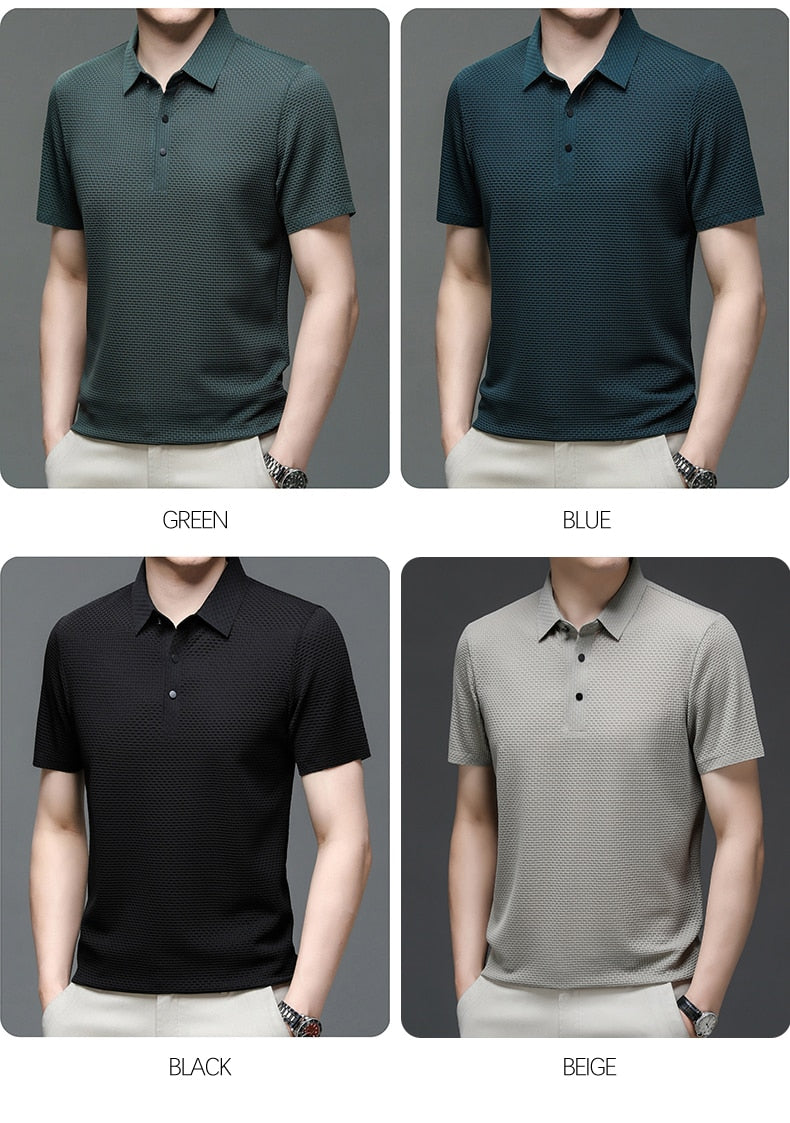 High-end ice silk elastic Polo shirt New summer T-shirt trend Breathable men clothing Business short sleeve luxury top