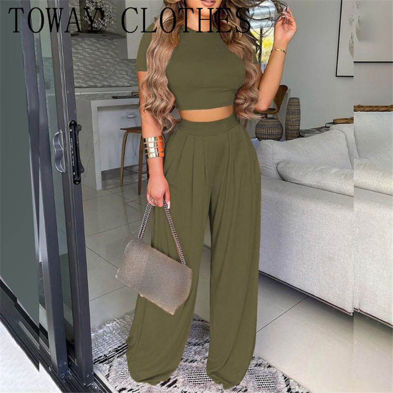 Women Summer Crop Top & Tribal Print Wide Leg Pants Set