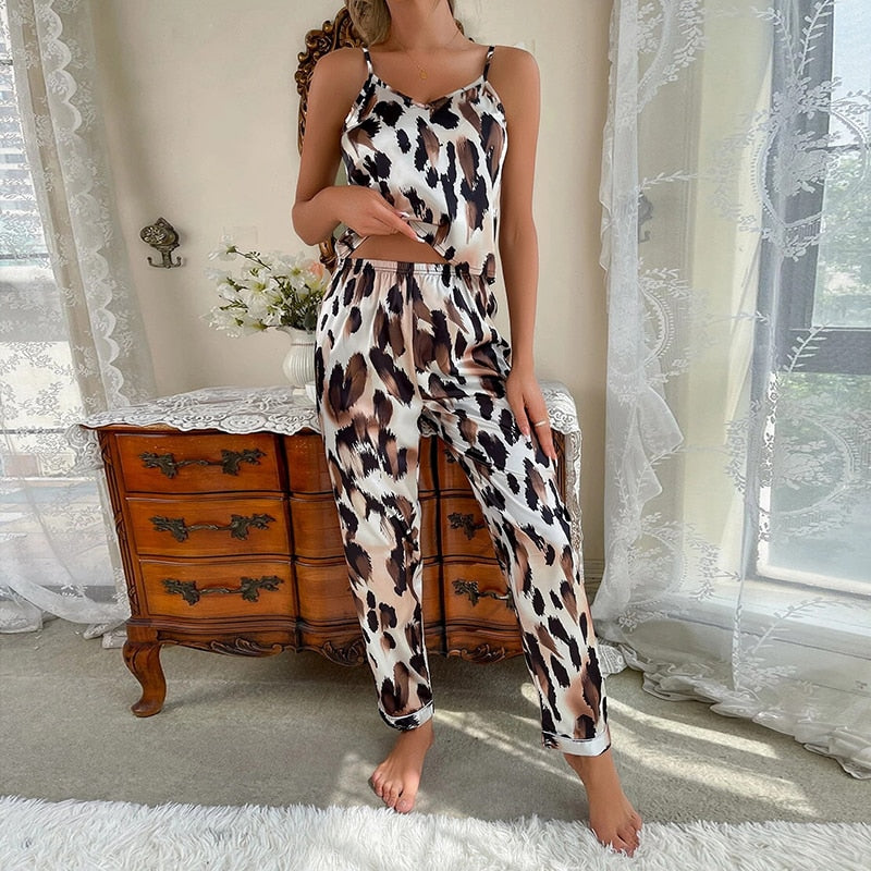 Women Pajamas Set Floral Printed Sleeveless Tops With Long Pants Pyjama Suit Satin Silk Casual Sleepwear Nightwear