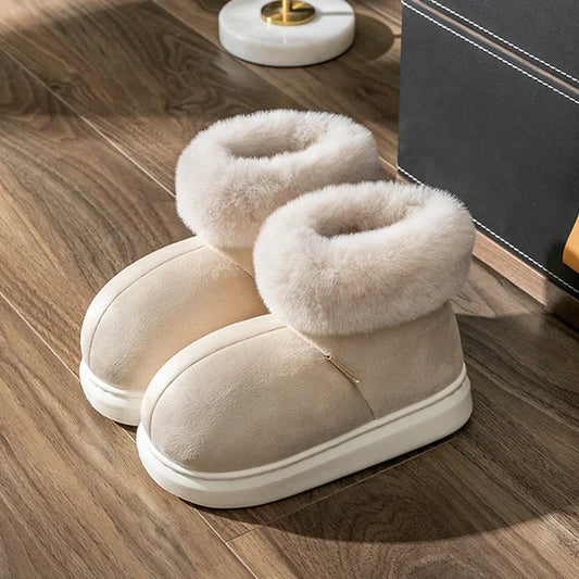 Cotton Slippers Women Warm Thick Bottom Solid Colour Round Head Snow Boots Men Soft Sole Comfort Flats Botas Para Mujer