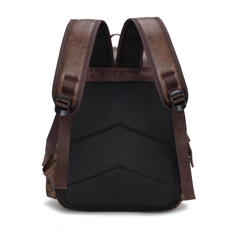 Trendy Plaid Business Versatile Men's Backpack Travel Large Capacity Luxury Brand Design Backpack Men's PU Leather School Bag