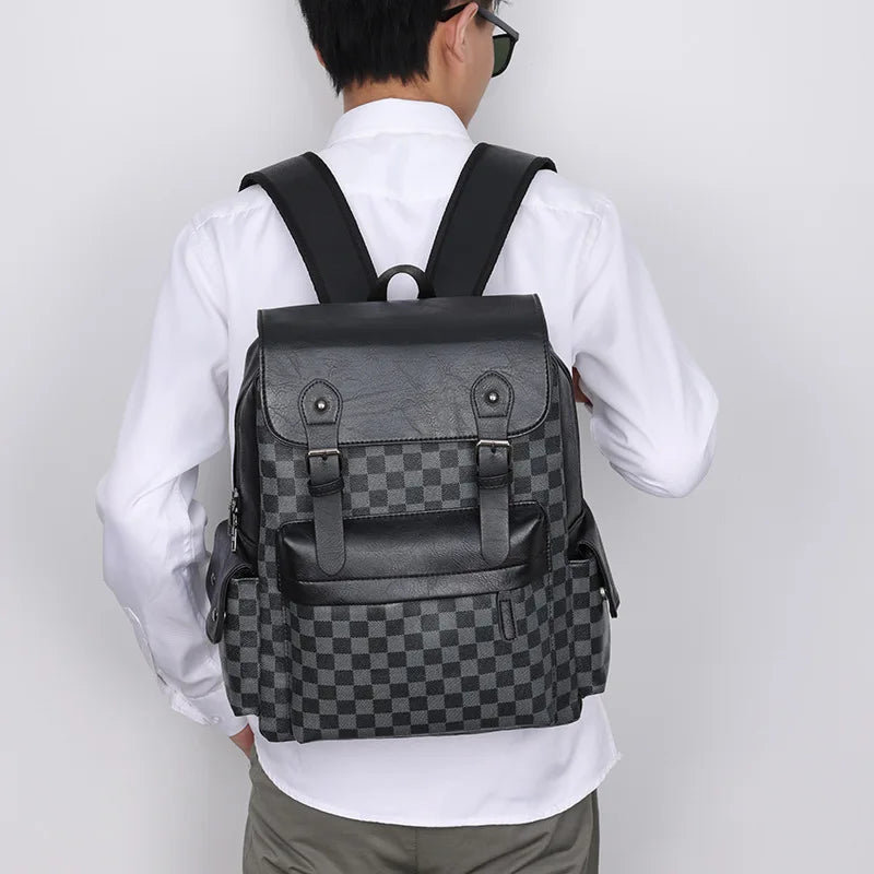 Trendy Plaid Business Versatile Men's Backpack Travel Large Capacity Luxury Brand Design Backpack Men's PU Leather School Bag