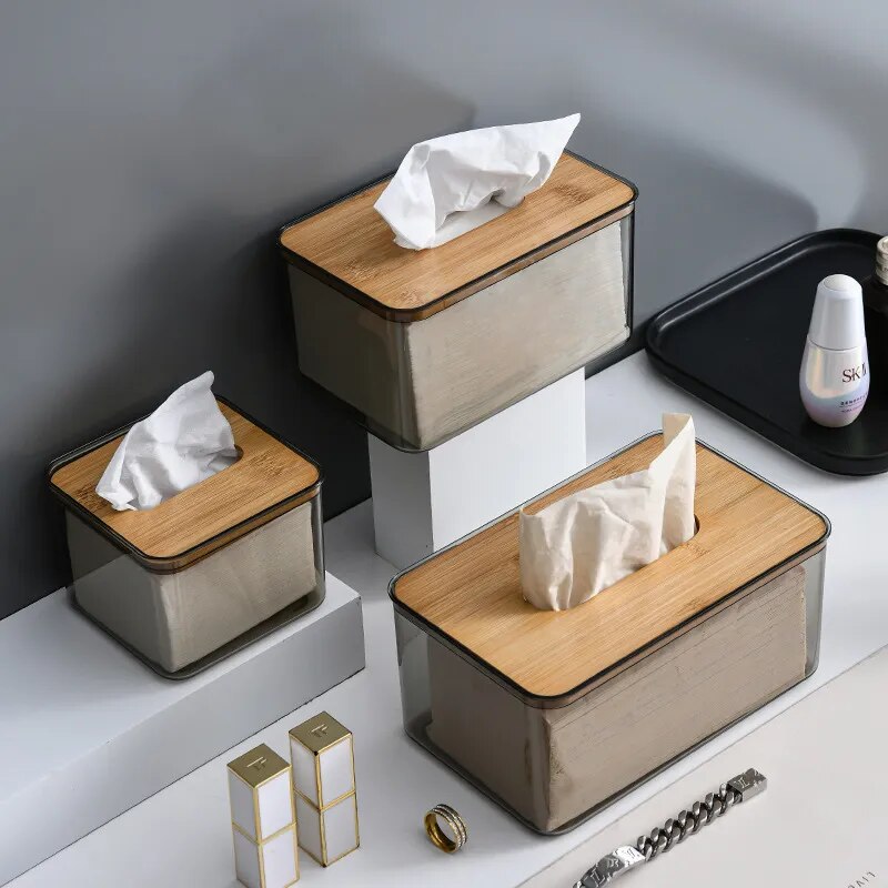 Nordiese Minimalistiese Hout Weefsel Box Dekselhouer Organiseerder Moderne lessenaar Deursigtige Reghoekige Bamboes Gesigsweefsel Dispenser