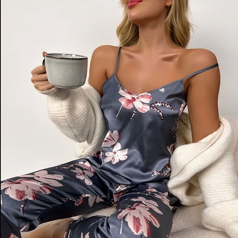 Women Pajamas Set Floral Printed Sleeveless Tops With Long Pants Pyjama Suit Satin Silk Casual Sleepwear Nightwear