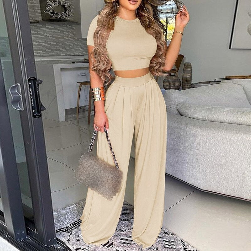 Summer Women Two Piece Sets Elegant Print Office Lady Outfits Elegant O Neck Short Sleeve Shirt Pullover + Wide Leg Pants Suits