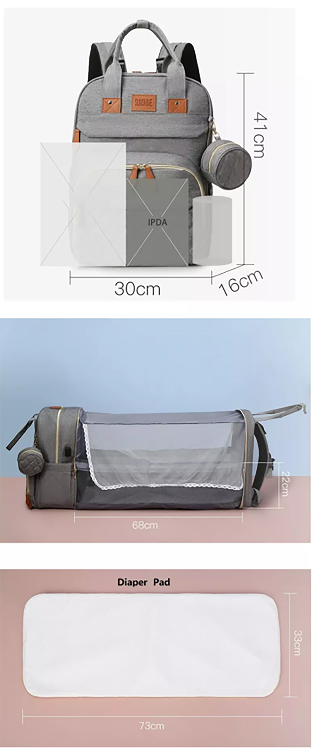 nappy Bags Backpack Multifunctional Folding Crib Bag Insulation Layer Mother and Baby Bag Large Capacity USB Charging Mommy Bag