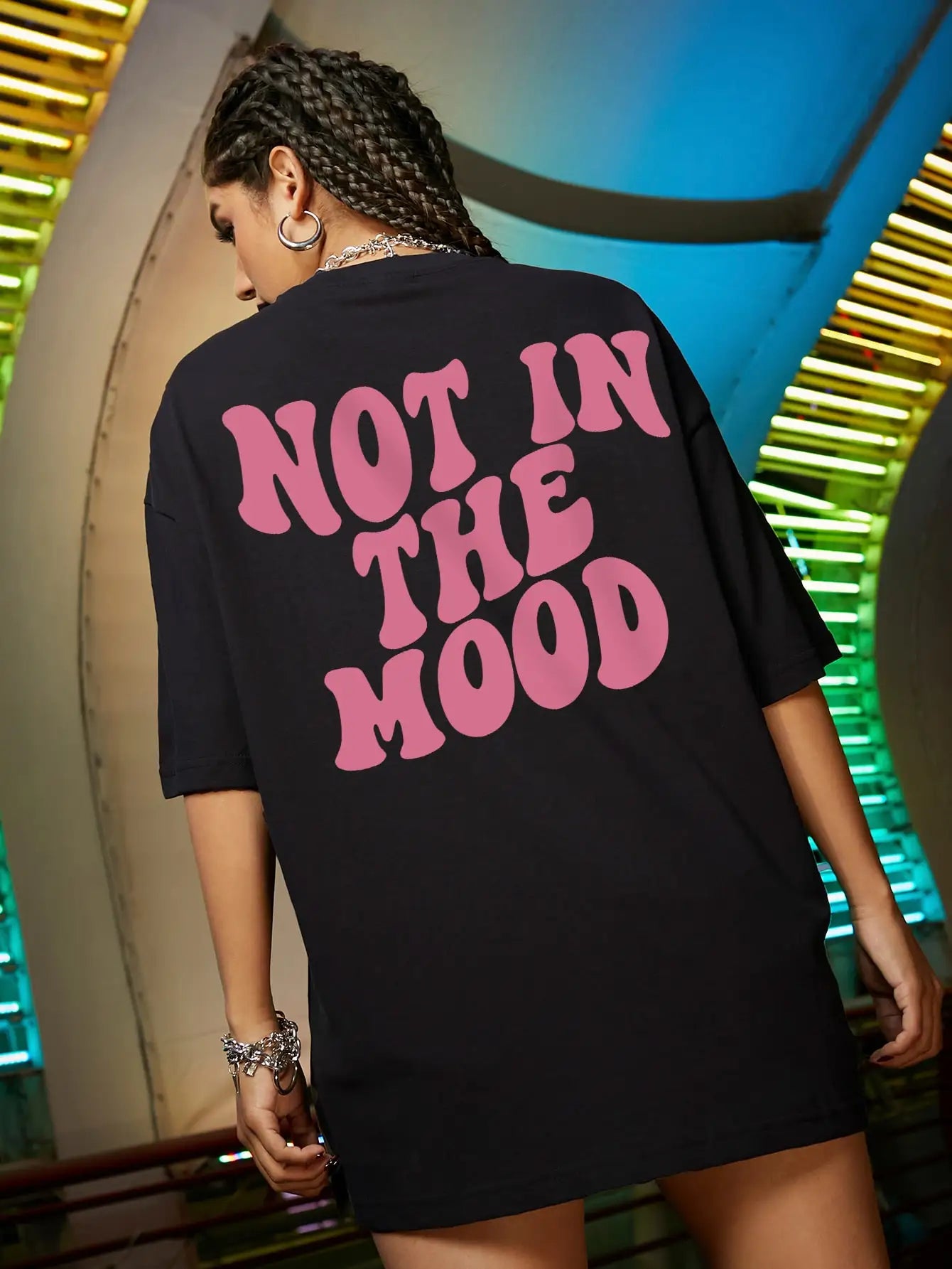 Not In The Mood Pink Letter Print T-Shirts Women Summer Cotton Clothing O-Neck Oversized Short Sleeve Breathable Casual Tshirt