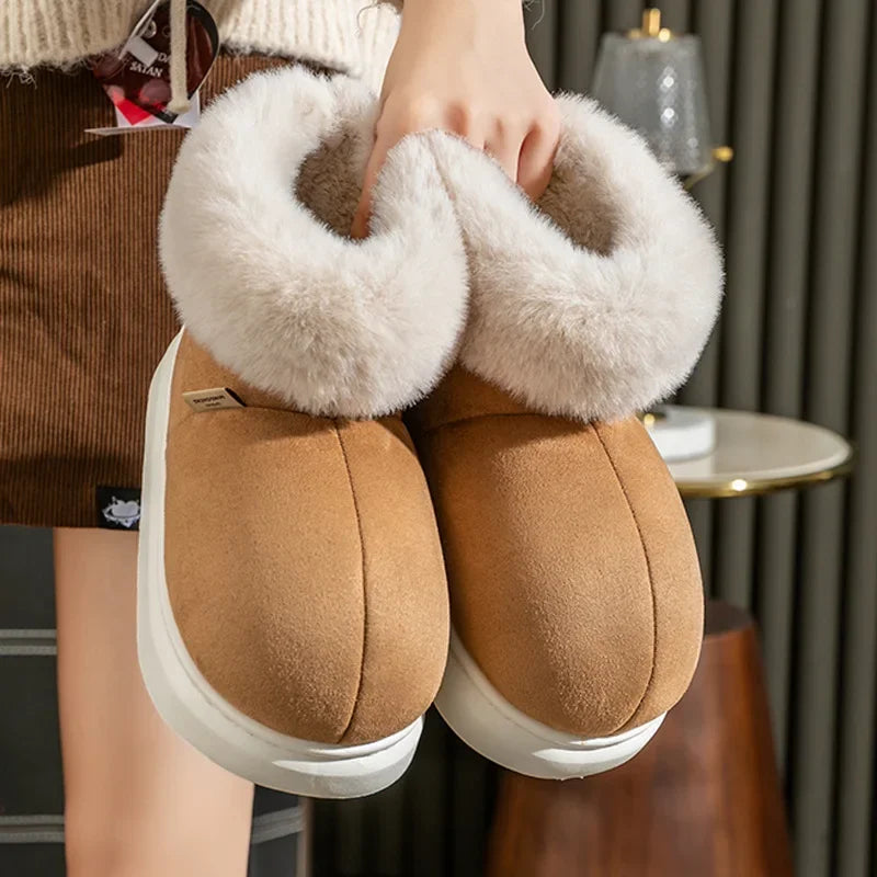 Cotton Slippers Women Warm Thick Bottom Solid Colour Round Head Snow Boots Men Soft Sole Comfort Flats Botas Para Mujer