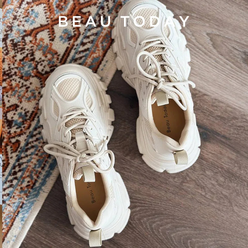 BeauToday Chunky Sneakers Women Genuine Leather Mesh Patchwork Round Toe Lace-Up Thick Sole Ladies Shoes Handmade 29448