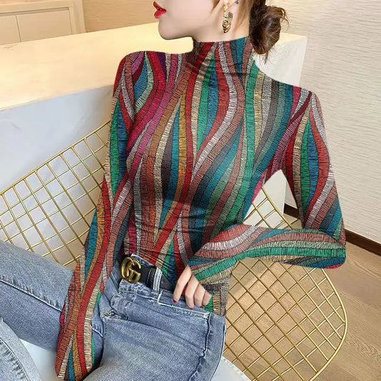 Women's Pullover Half High Neck Striped Bottom Shirt 2023 Autumn and Winter New Vintage Printing Long Sleeve T-shirt Slim Tops