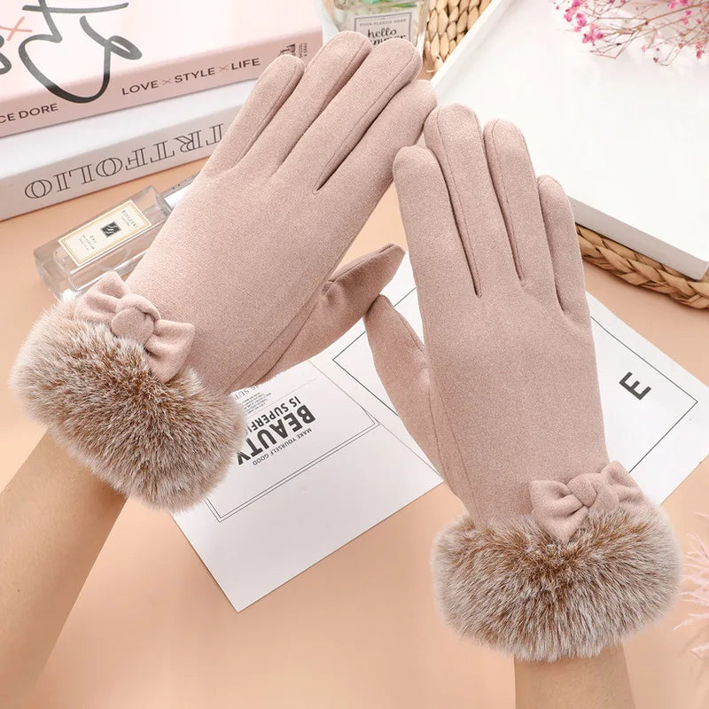 Women Winter Keep Warm Touch Screen Plus Cashmere Thicken Gloves Cycling Drive Elegant Bow Plush Wrist Anti Slip Windproof