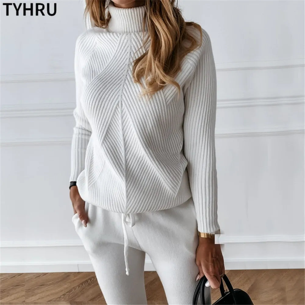 TYHRU Autumn Winter Women's tracksuit Solid Color Striped Turtleneck Sweater and Elastic Trousers Suits Knitted Two Piece Set