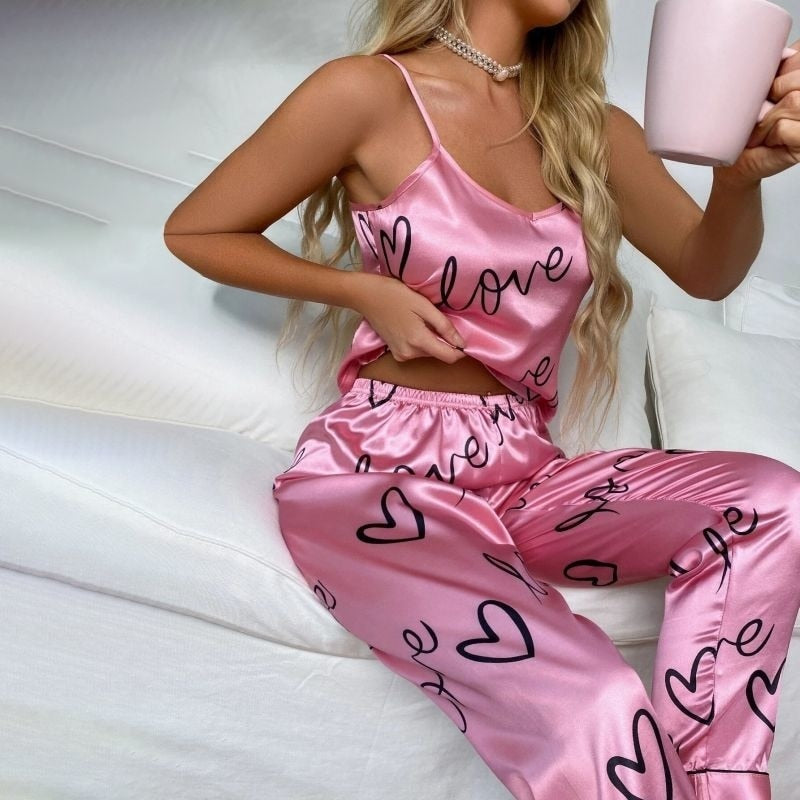 Women Pajamas Set Floral Printed Sleeveless Tops With Long Pants Pyjama Suit Satin Silk Casual Sleepwear Nightwear