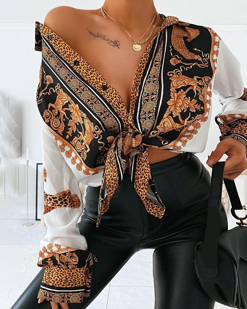 Baroque Leopard Print Casual Shirt Women Turn-down Collar Long Sleeve Casual Blouse