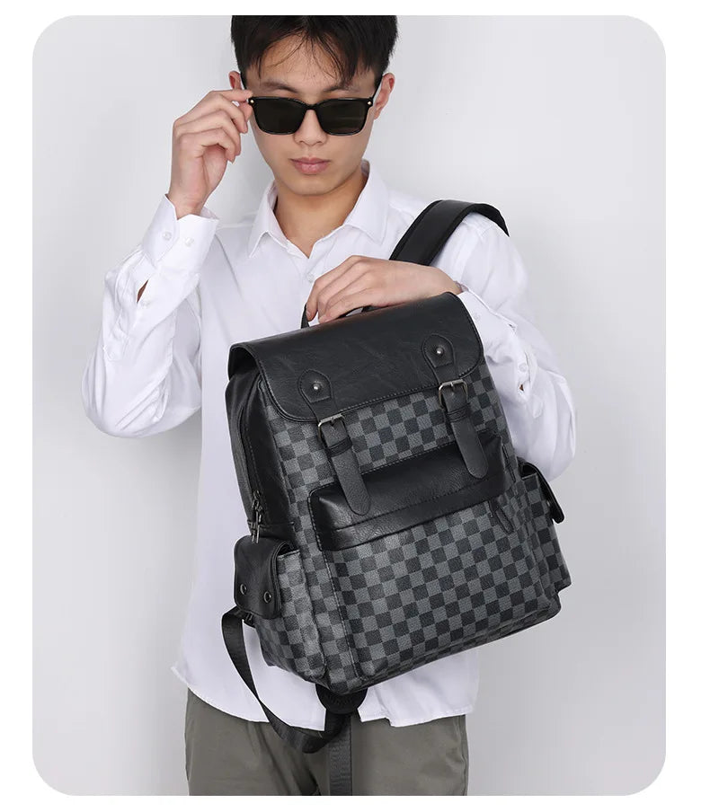 Trendy Plaid Business Versatile Men's Backpack Travel Large Capacity Luxury Brand Design Backpack Men's PU Leather School Bag