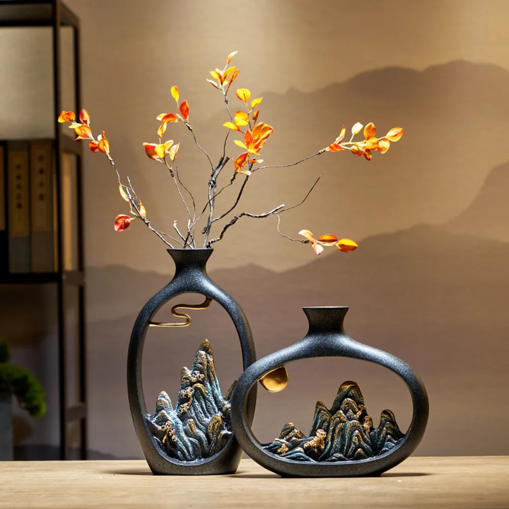 Resin Vase Table Decoration & Accessories Home Decoration Luxury New Chinese Style Mountain Scenery Vase Decoration