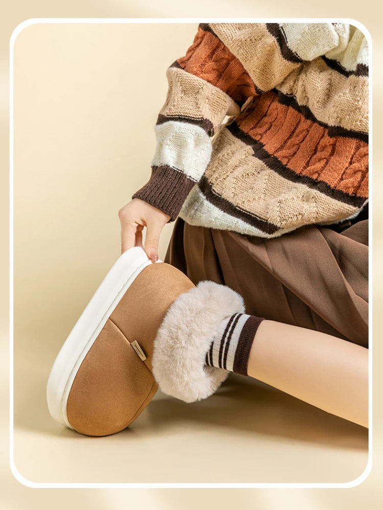 Cotton Slippers Women Warm Thick Bottom Solid Colour Round Head Snow Boots Men Soft Sole Comfort Flats Botas Para Mujer