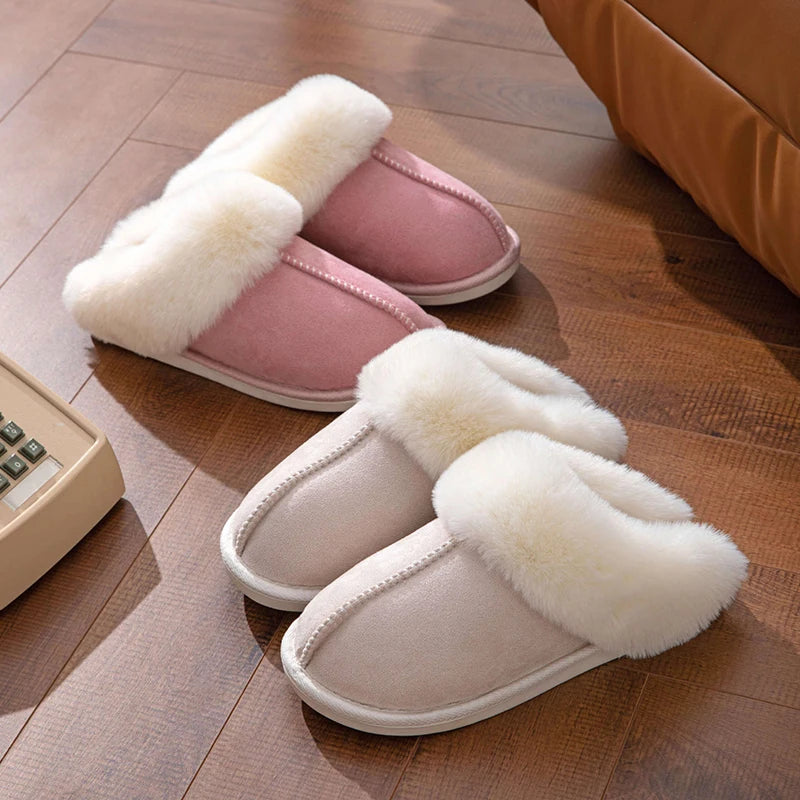 Winter Warm Fur Indoor Home Slippers Women Faux Suede Closed Toe Couple Slippers