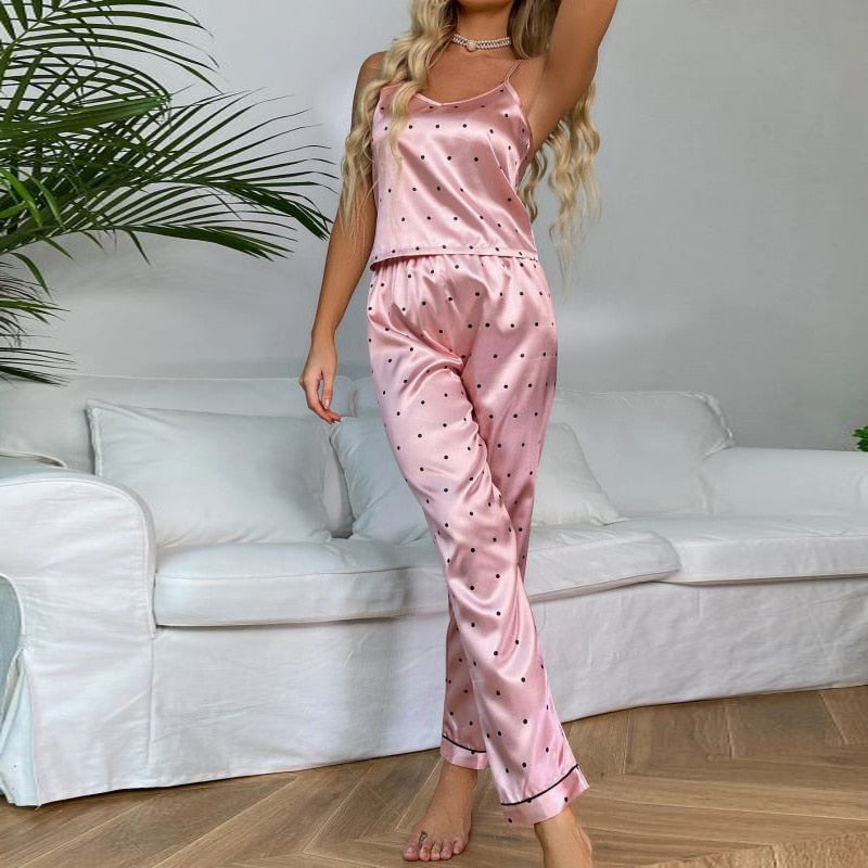 Women Pajamas Set Floral Printed Sleeveless Tops With Long Pants Pyjama Suit Satin Silk Casual Sleepwear Nightwear