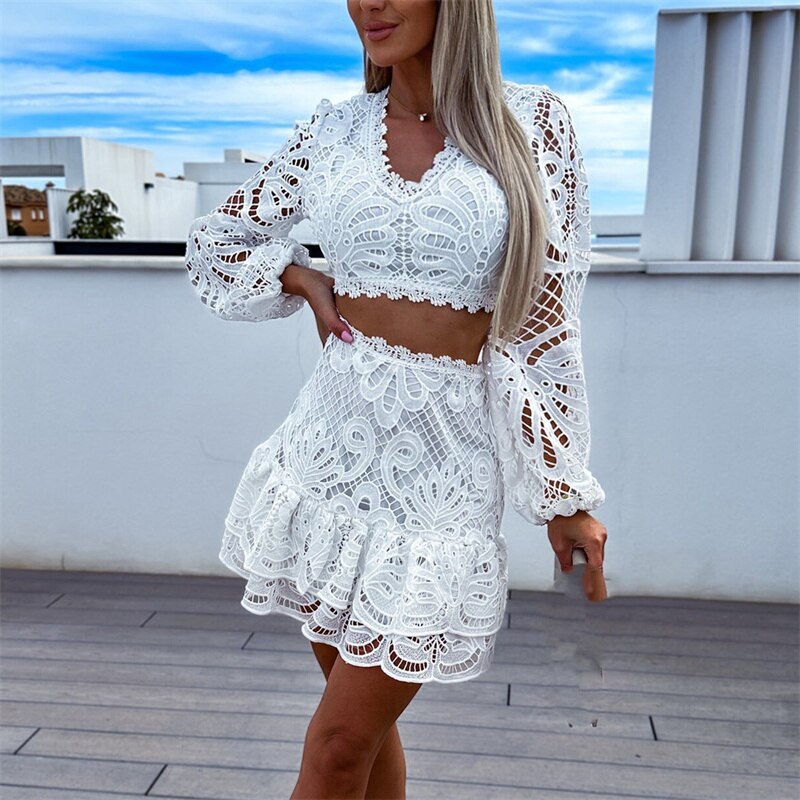 Skirt Lace Suits Summer Hollow Out Long Sleeve Tops Female Fashion Embroidery Commuter  Two Piece Set