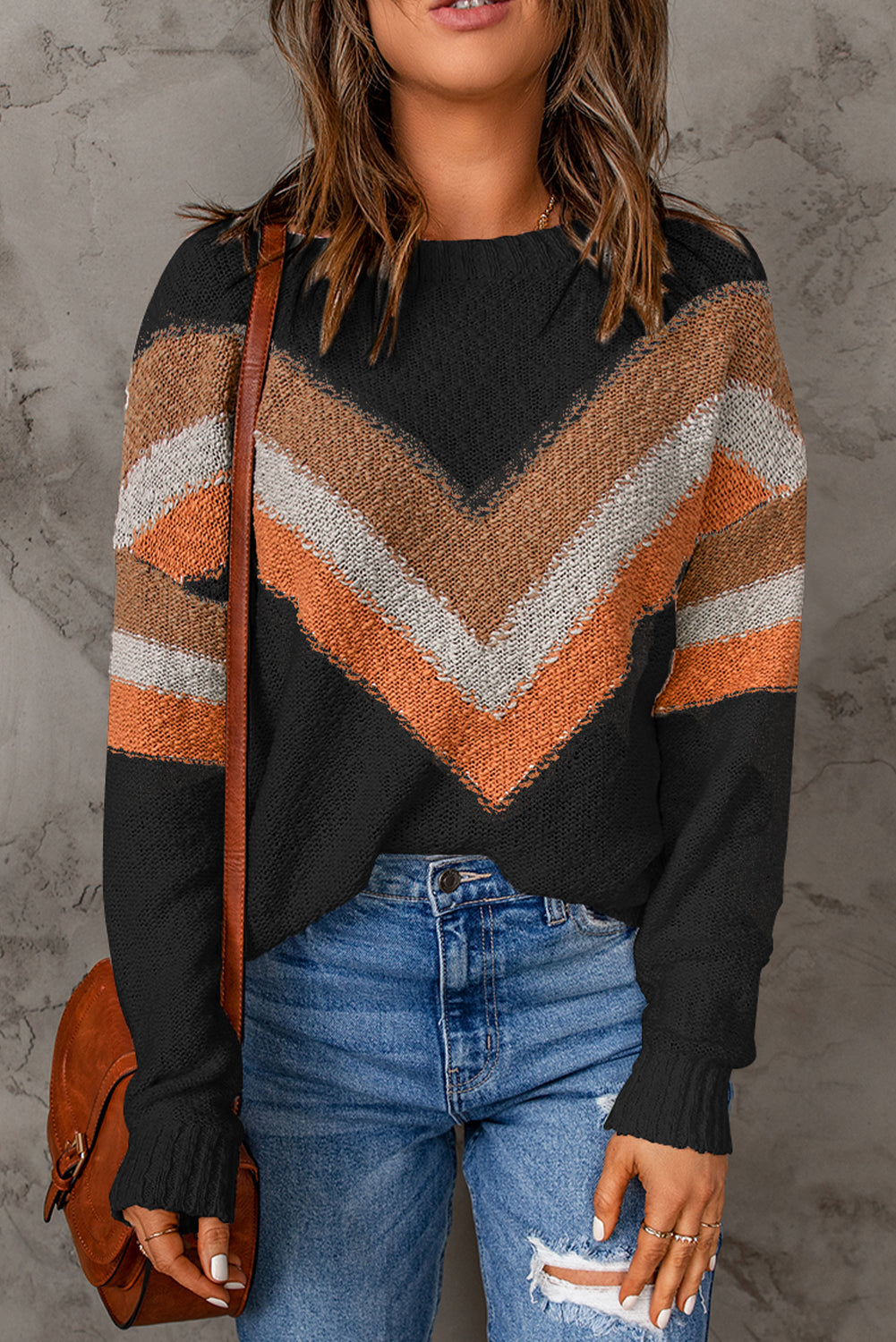 Chevron Striped Drop Shoulder Long Sleeve Pullover Sweater