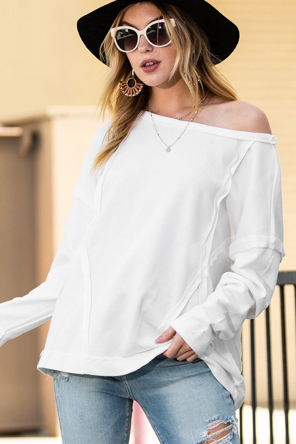 White Drop Shoulder Exposed Seam Oversized Sweatshirt