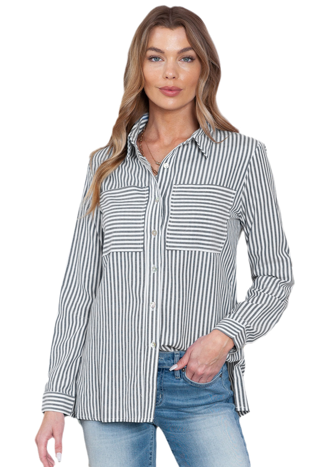 Blue Striped Chic Pockets Roll Up Sleeve Buttons Front Shirt