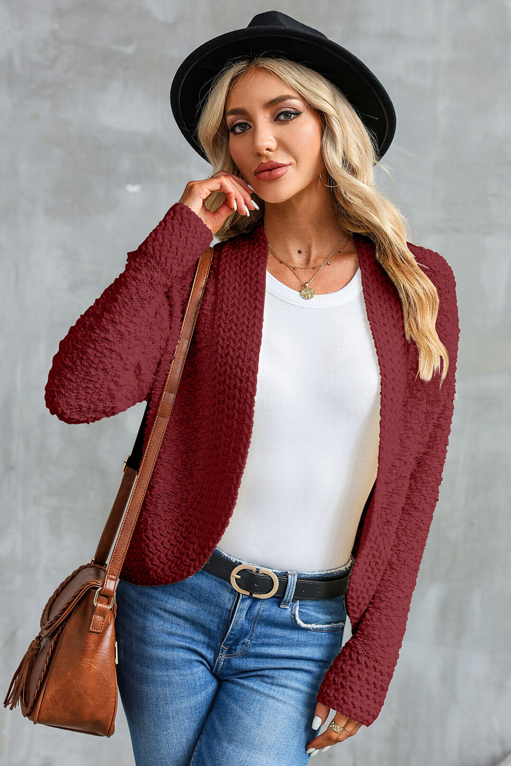 Gray Popcorn Knit Open Front Cardigan