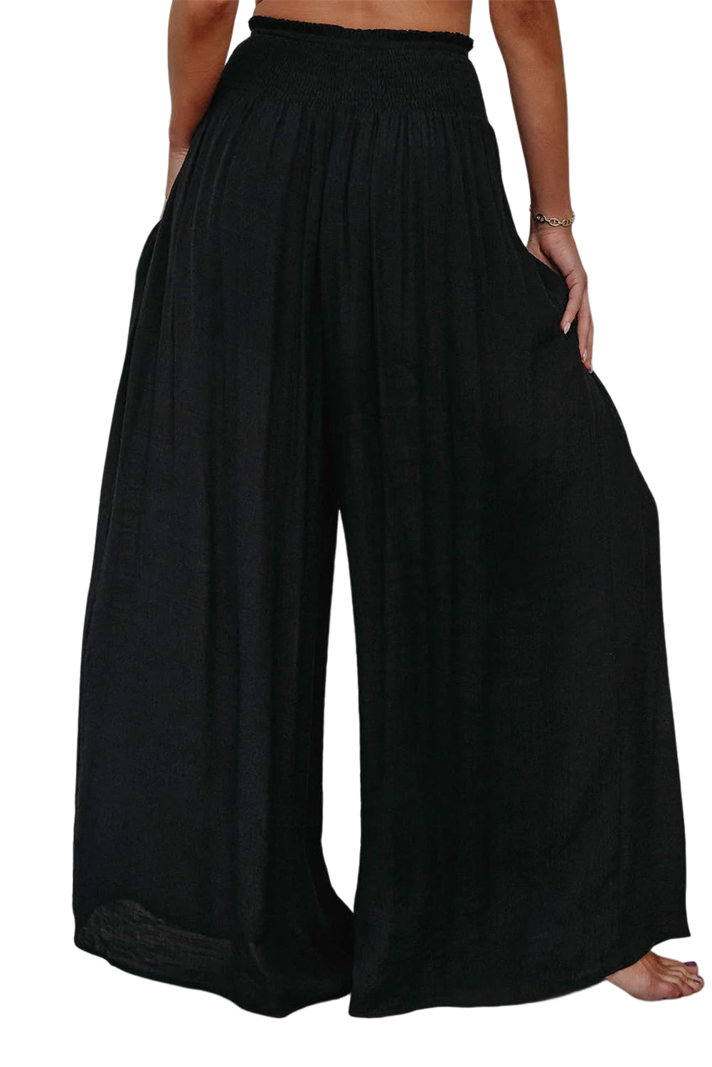 Black Smocked Pockets High Waisted Beach Pants