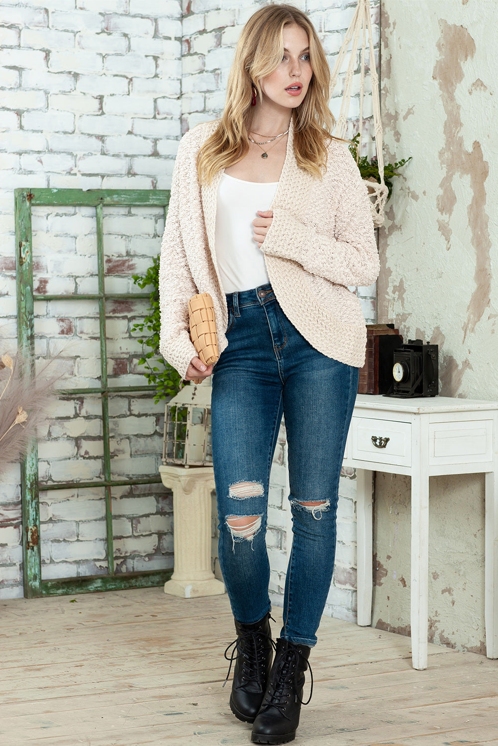 Gray Popcorn Knit Open Front Cardigan