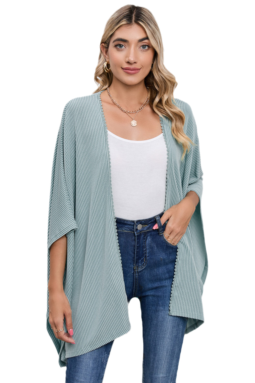 Apricot Textured Lace Trim Open Front Kimono Cardigan