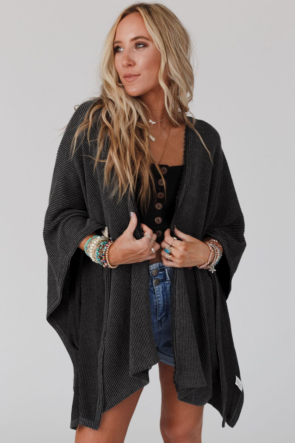 Apricot Textured Lace Trim Open Front Kimono Cardigan