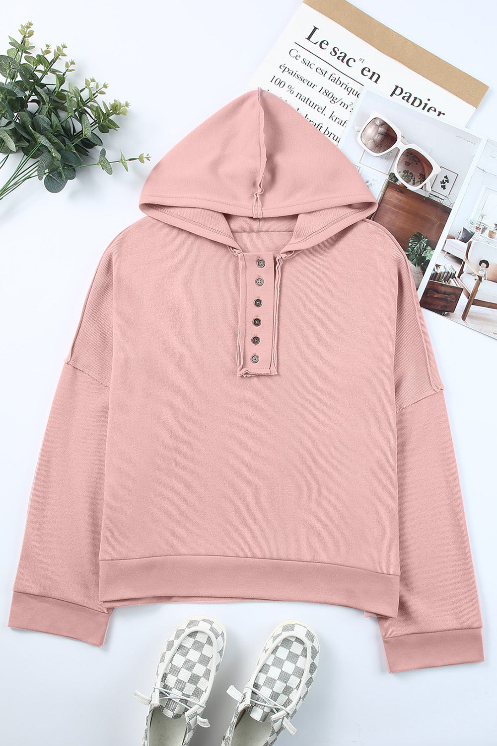 Grey Solid Casual Button Patchwork Trim Hoodie