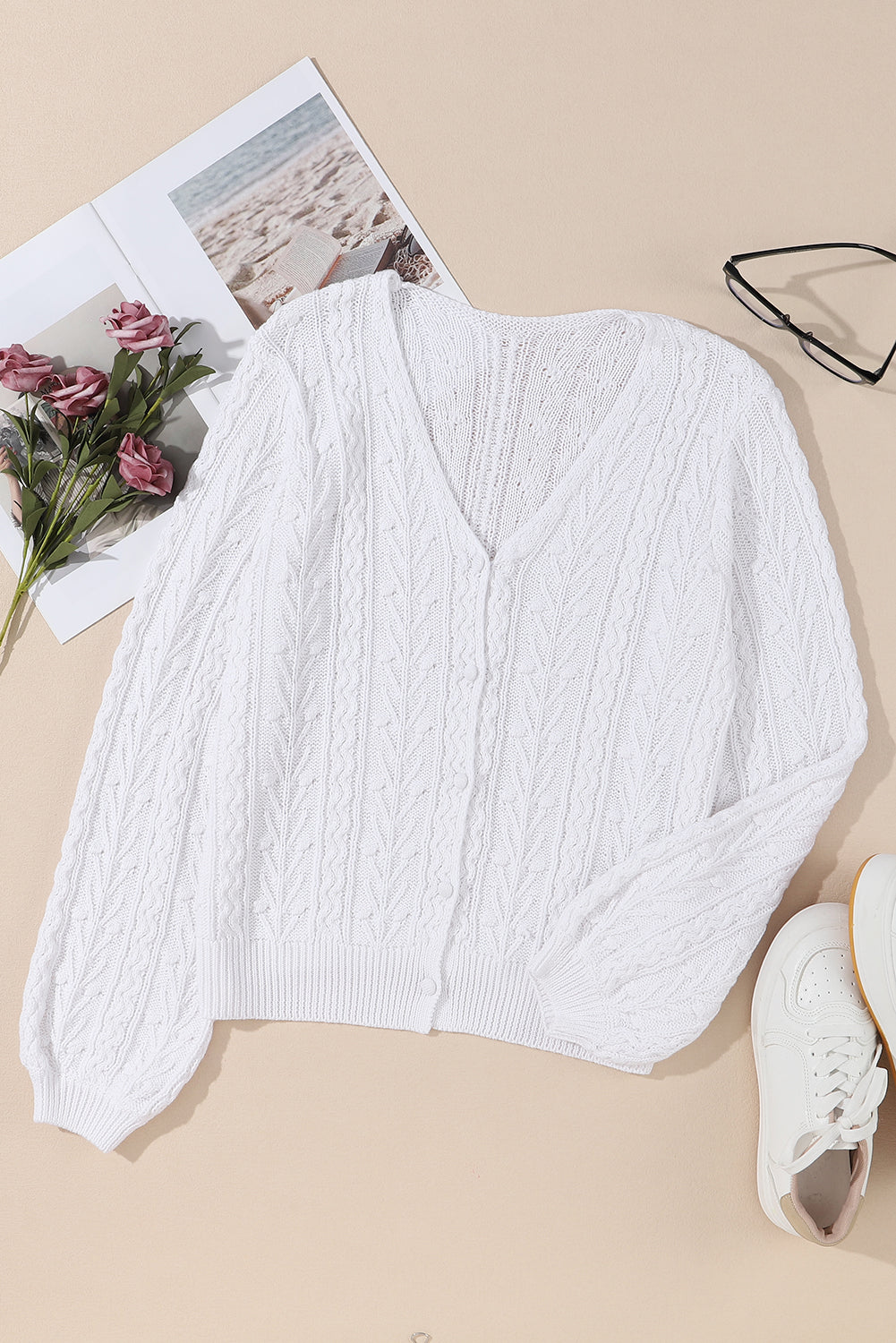 White Solid Cable Knit V Neck Puff Sleeve Cardigan