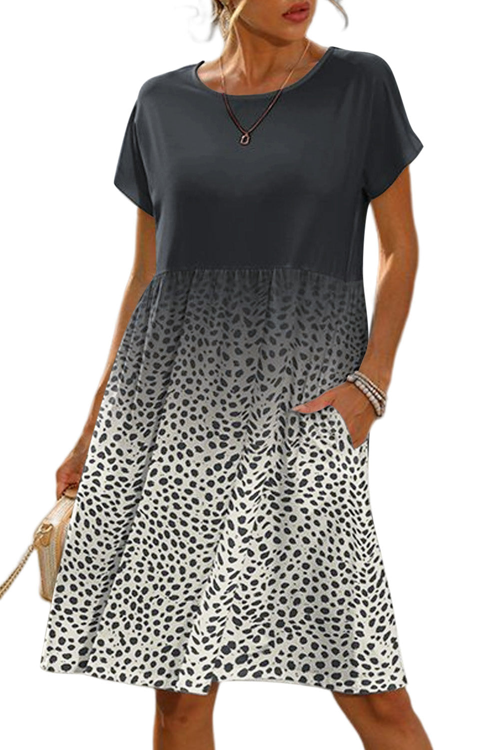 Leopard Dotted Contrast Casual Pocket T Shirt Dress