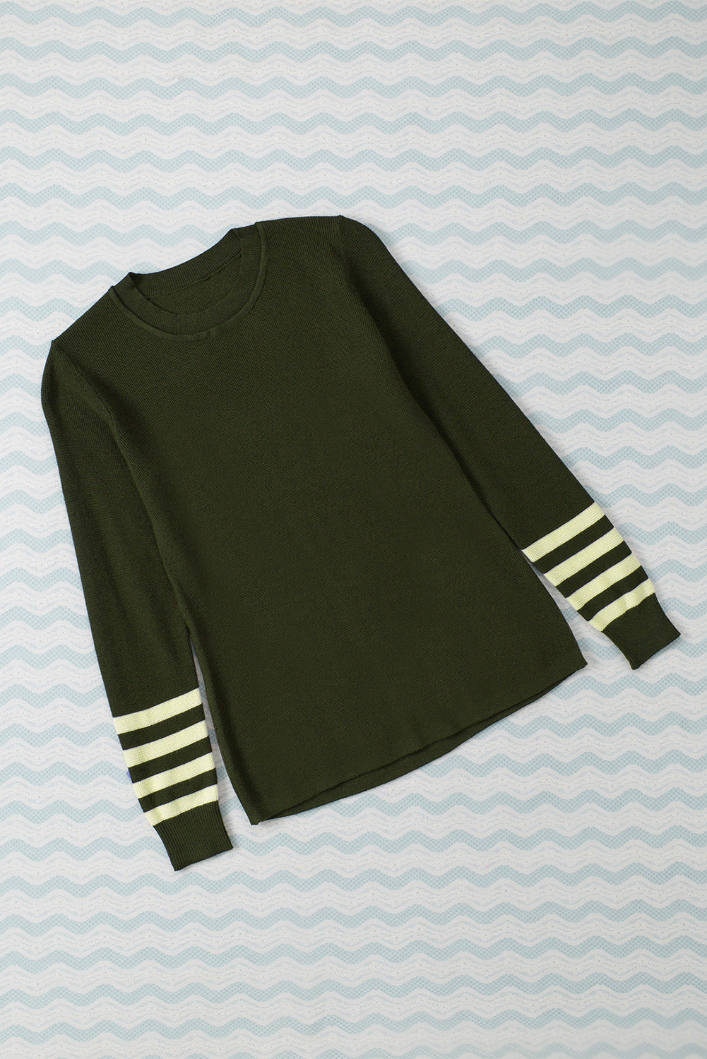 Red Casual Crew Neck Striped Sleeve Knit Sweater