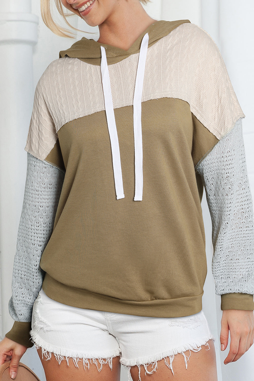 Brown Color Block Exposed Seam Crochet Sleeve Pullover Hoodie