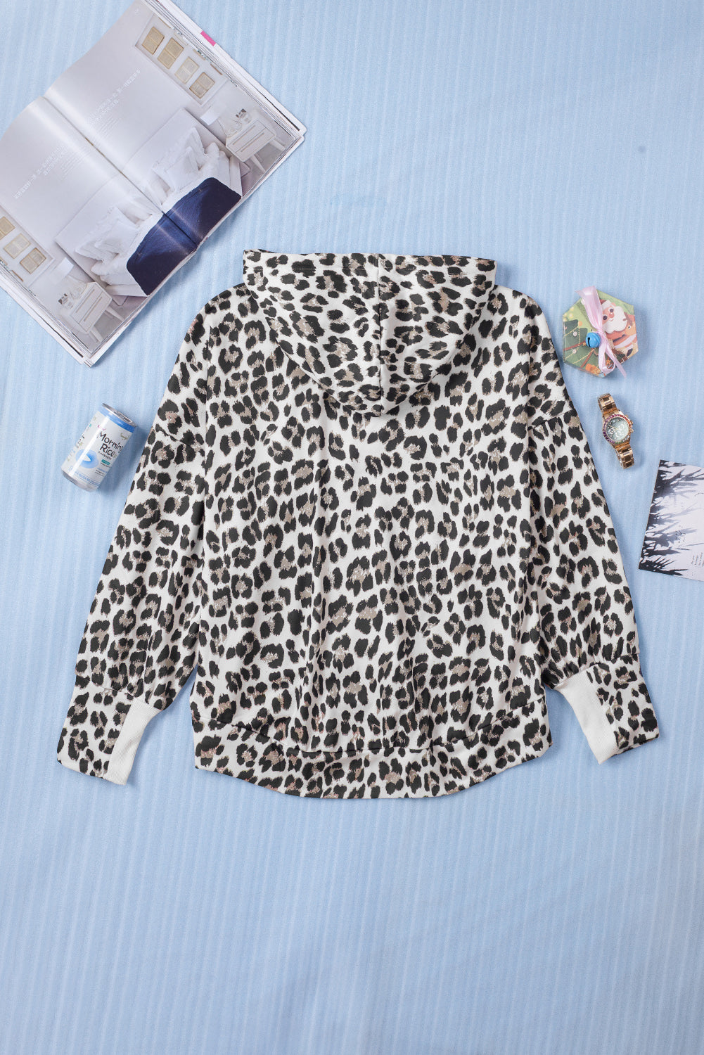 Leopard Print Kangaroo Pocket Long Sleeve Pullover Hoodie