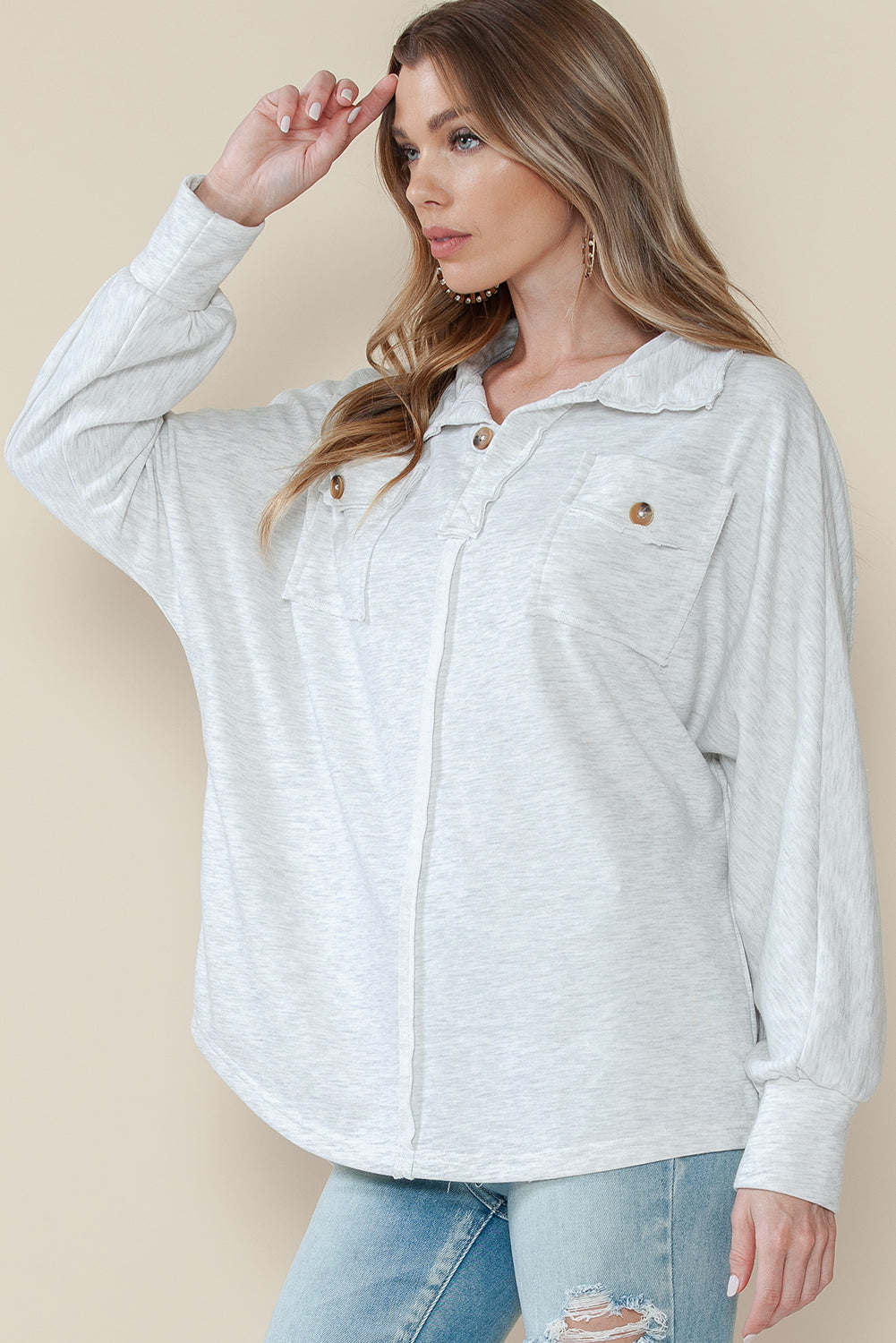 Gray Exposed Seam Patchwork Pockets Oversized Sweatshirt